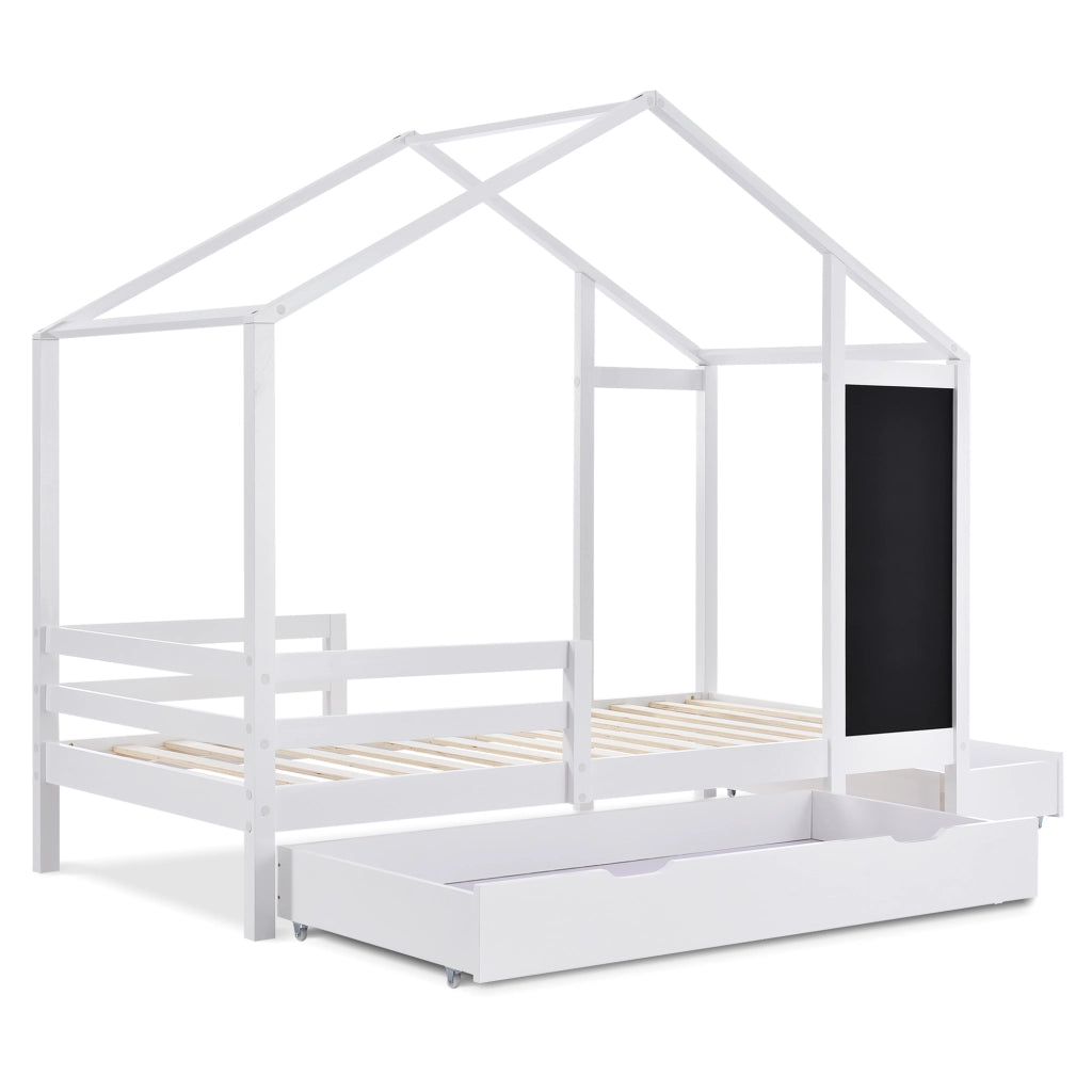 Letto casa per bambini 90x200 cm in legno massiccio con lavagna, 2 cassetti e sponde, bianco