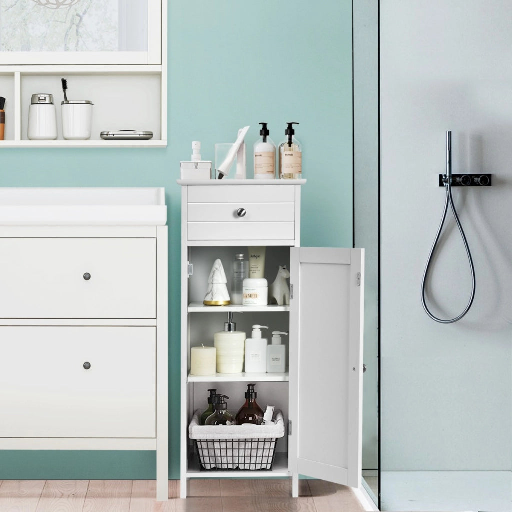 Armadio del bagno con anta singolae e 2 mensole regolabili, Organizer verticale per bagno e salone Bianco