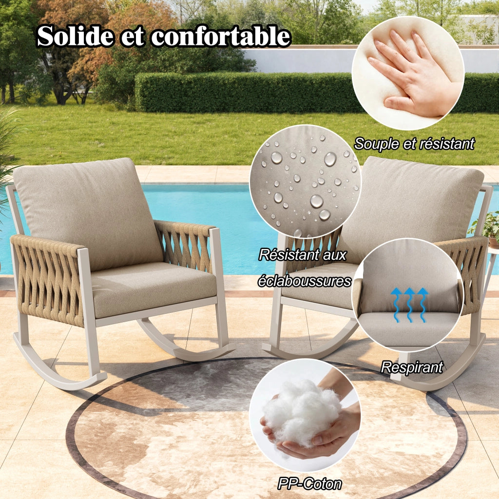Sedia a dondolo da esterno in ferro beige con braccioli in corda e cuscini resistenti agli schizzi 65 × 79 × 78 cm