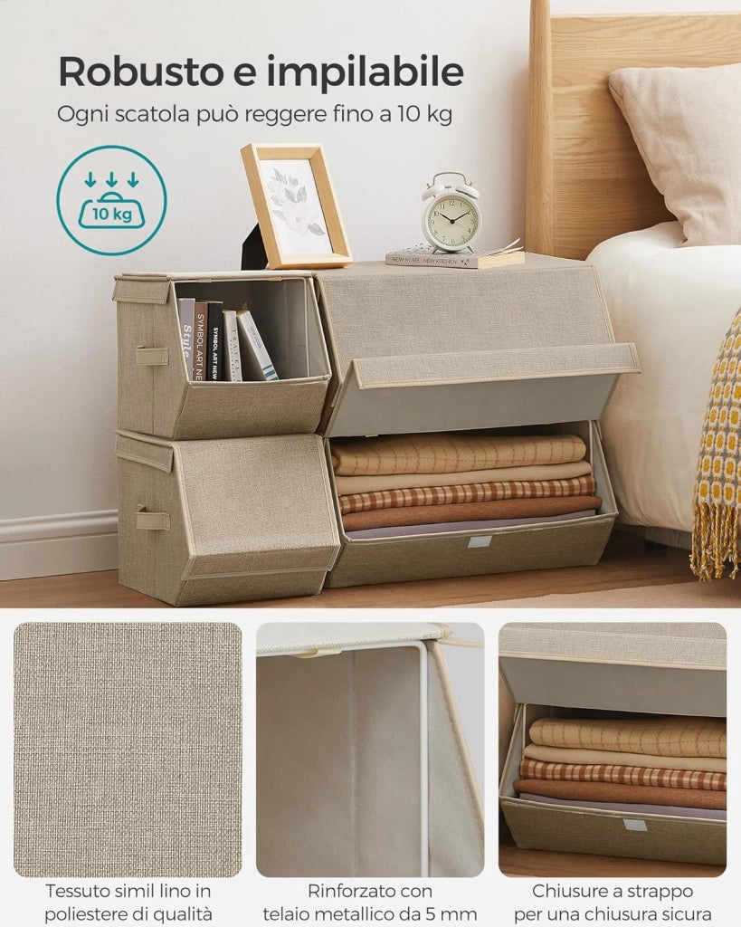 Set di 4 Scatole con Coperchio, Organizzatori Impilabili per Armadi, Contenitori con Chiusura Magnetica, in Tessuto, Struttura in Metallo, per Libri Vestiti, Beige Sabbia