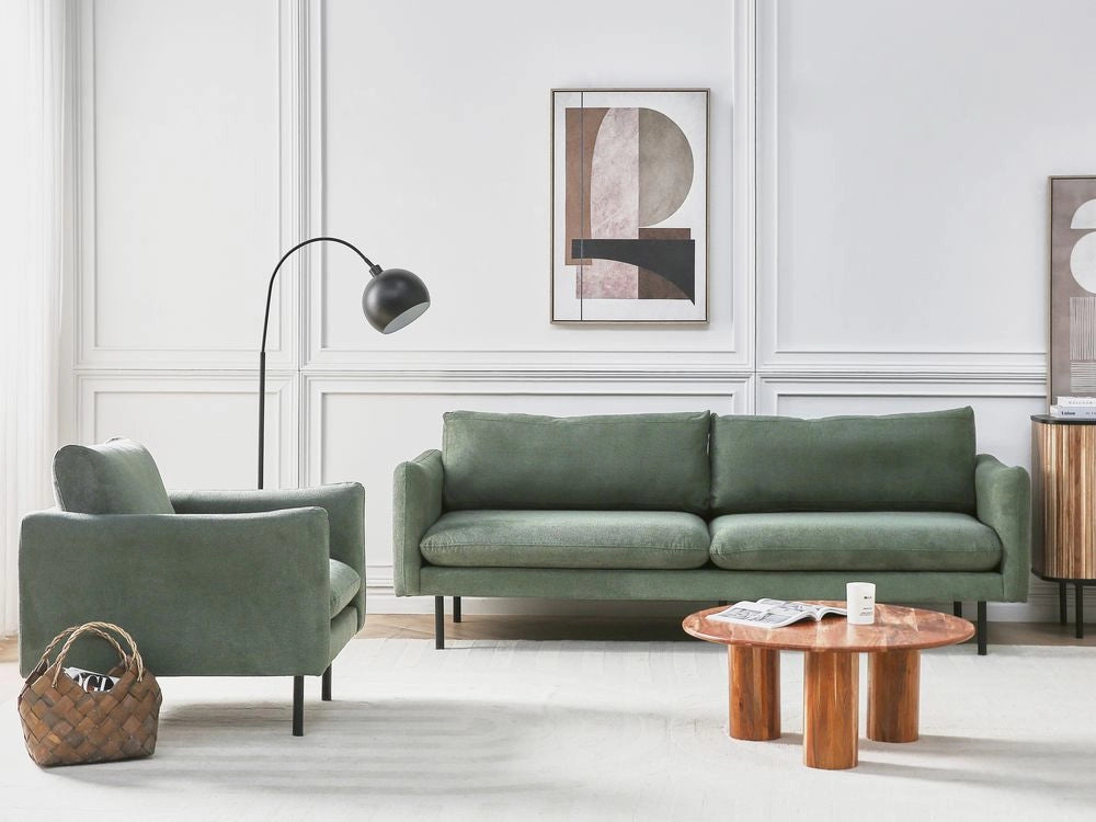 Set da salotto con divano 3 posti e poltrona  imbottita in tessuto ciniglia verde chiaro e gambe nere Stile Retrò Moderno