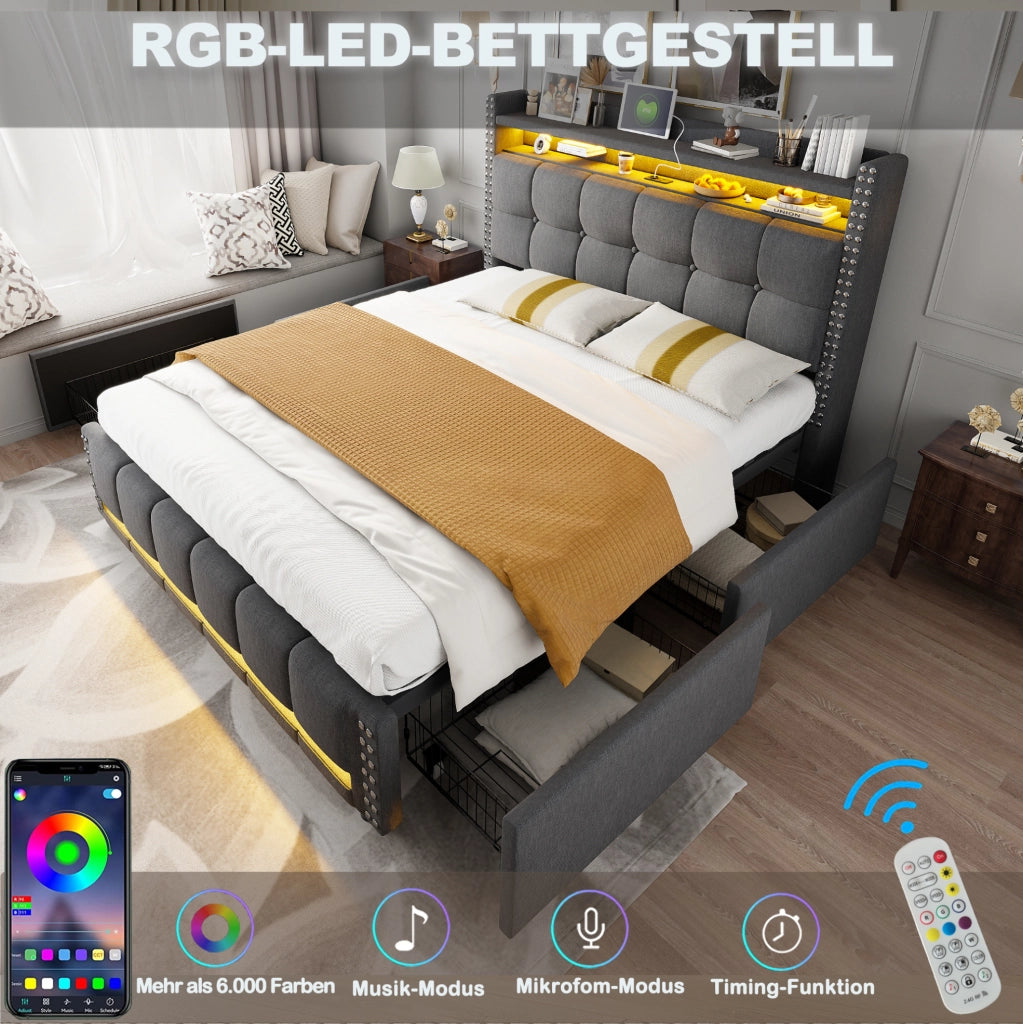 Letto matrimoniale imbottito 160x200 cm grigio con LED; USB; ripiani e 4 cassetti