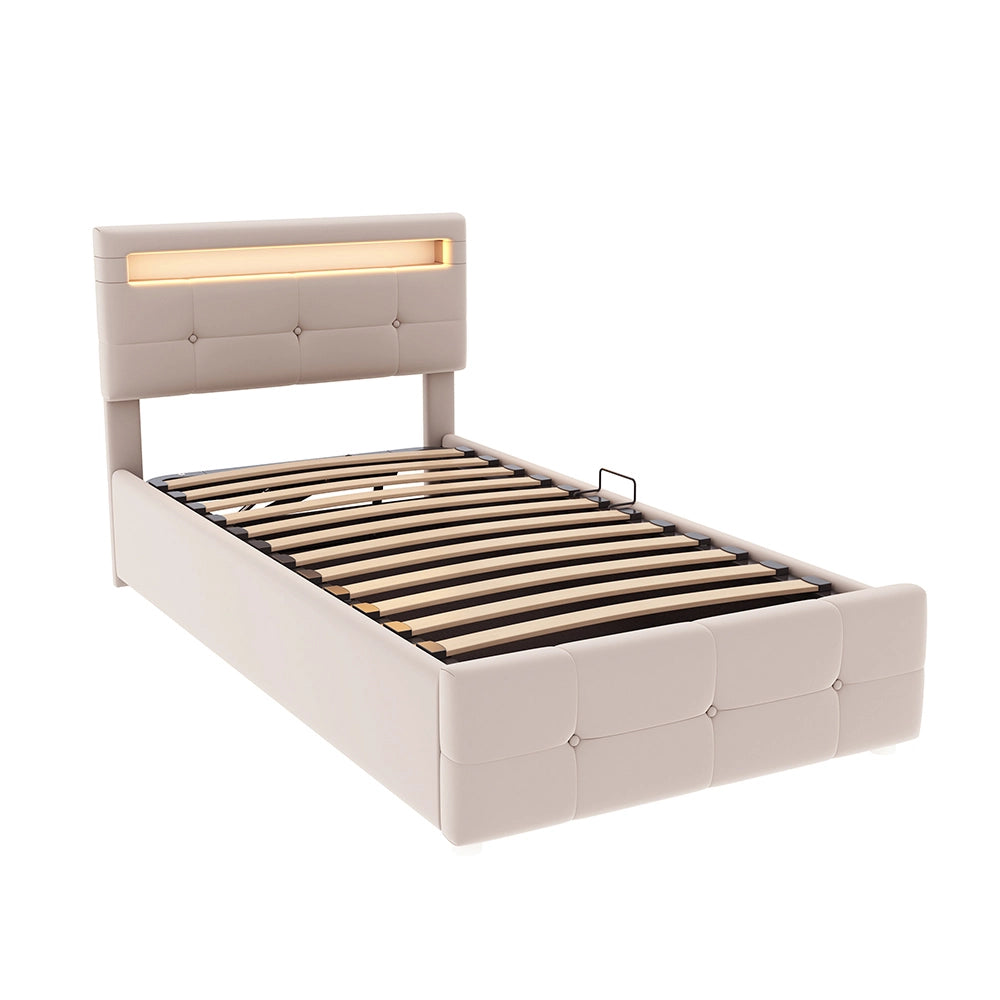Letto a cassone imbottito per bambini - Xylo - 90x200 cm - Beige - Illuminazione LED, testiera regolabile
