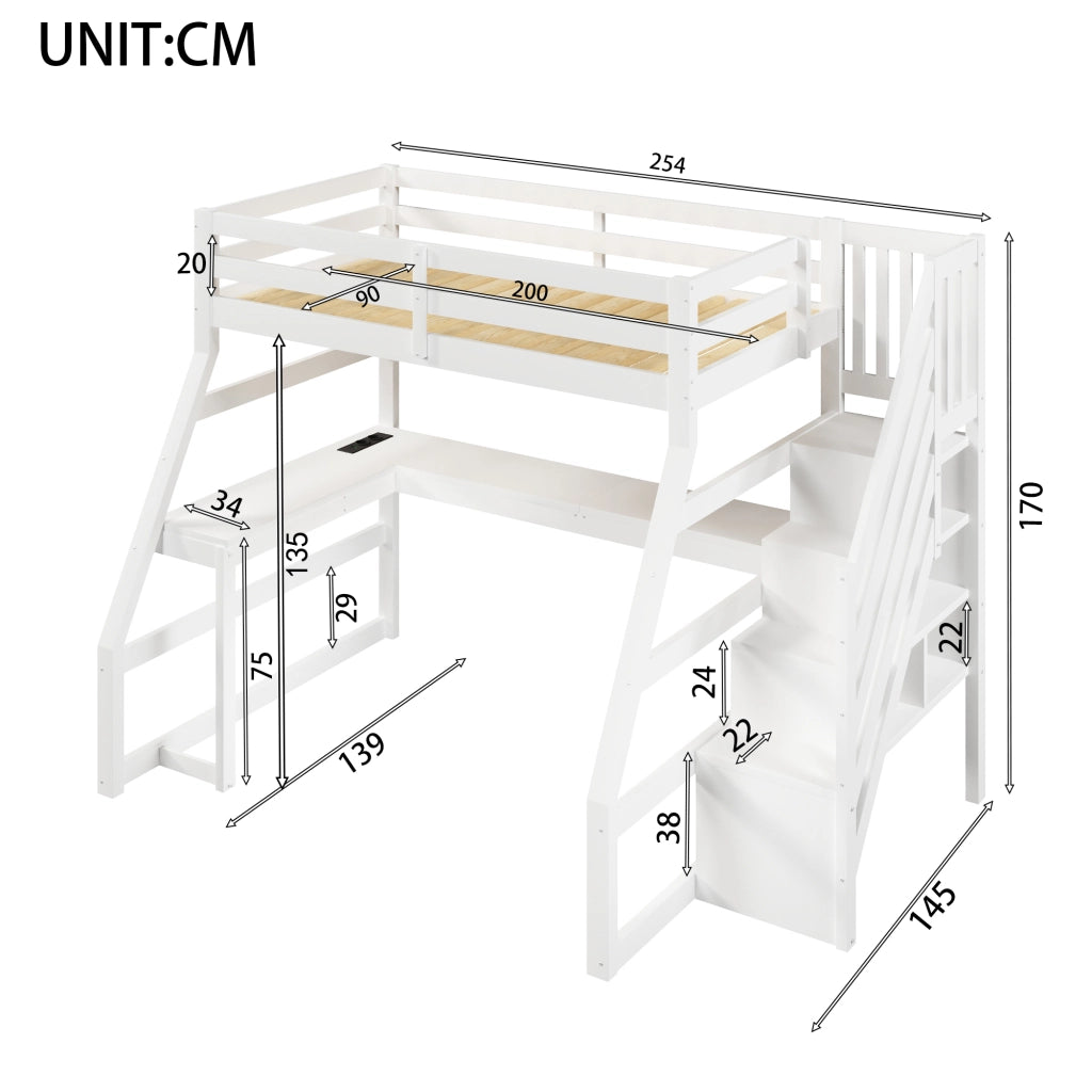 LETTO A CASTELLO 90x200 cm con scrivania, LED e scala con contenitore, bianco