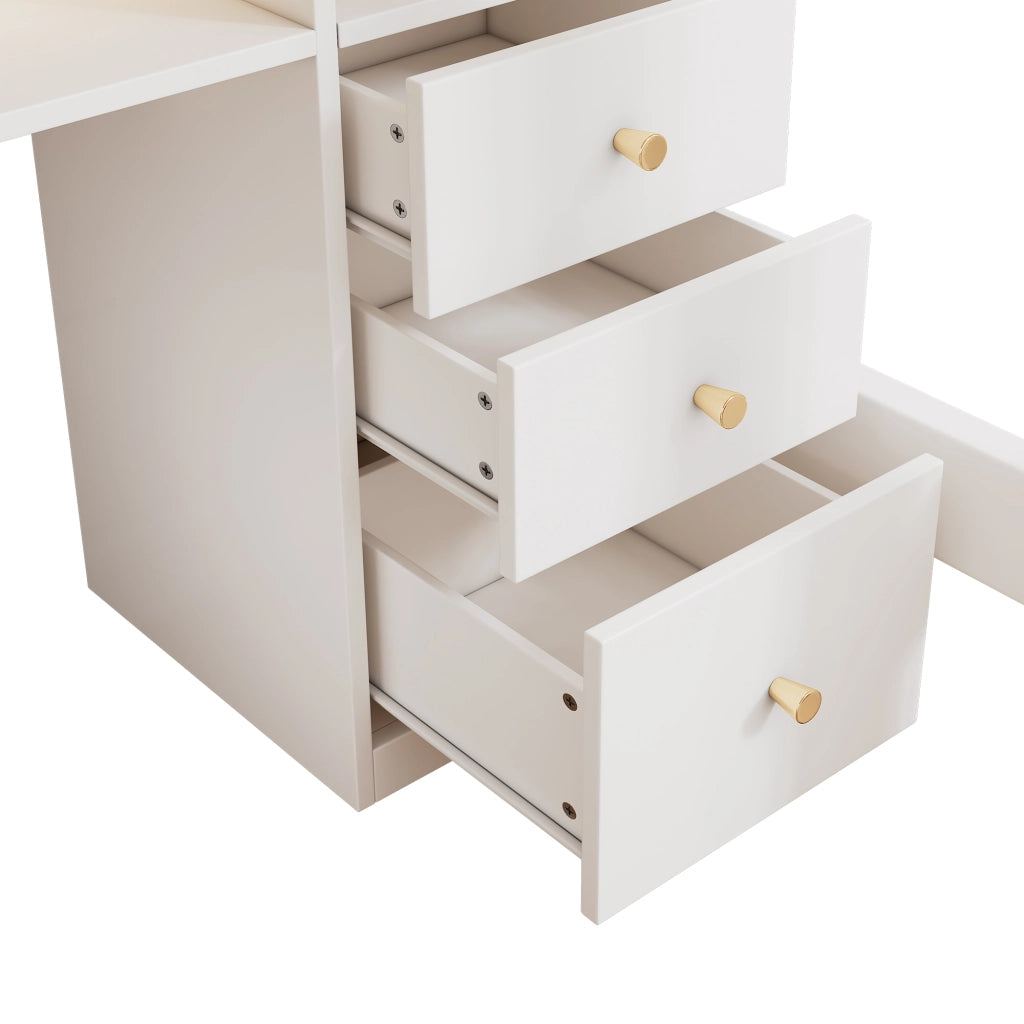 OKWISH Letto a Soppalco 90×200 cm, Letto Singolo con Scrivania ad L, 3 Mensole, 3 Cassetti, USB e Tipo C, senza Materasso, Legno, Bianco