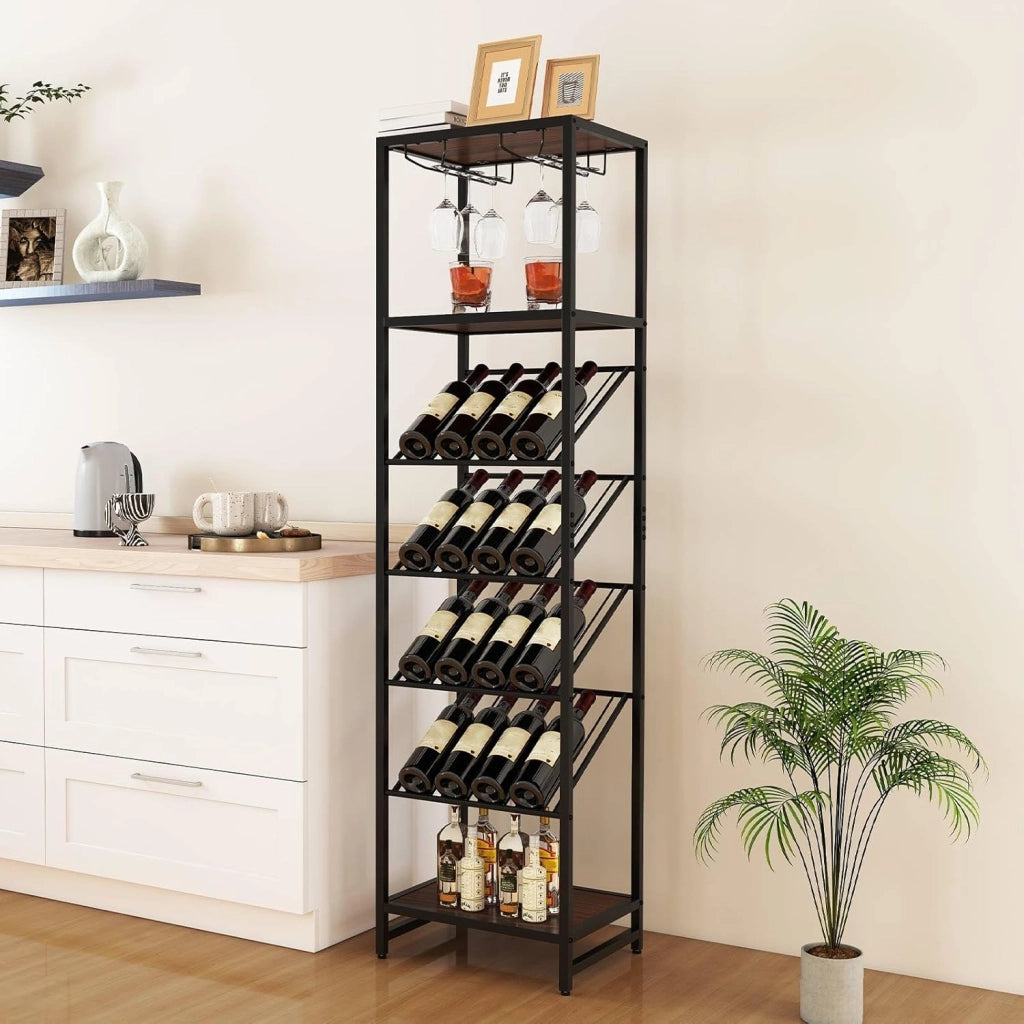 Armadietto per vino per 16 bottiglie con portabicchieri, 3 ripiani aperti, supporto di presentazione industriale con telaio in metallo, mensola da cucina per sala da pranzo, bar a casa