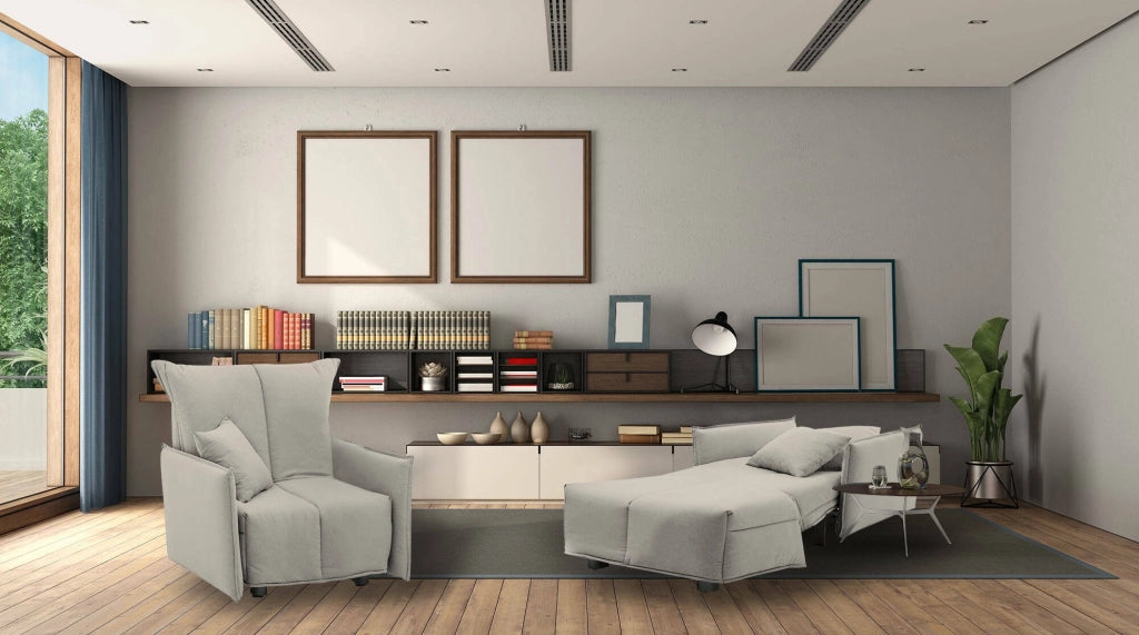 Divano Letto Atlantis, Divano singolo, Made in Italy, Poltrona soggiorno con apertura a carrello, in tessuto imbottito, con Braccioli standard, cm 110x90h85, colore Beige