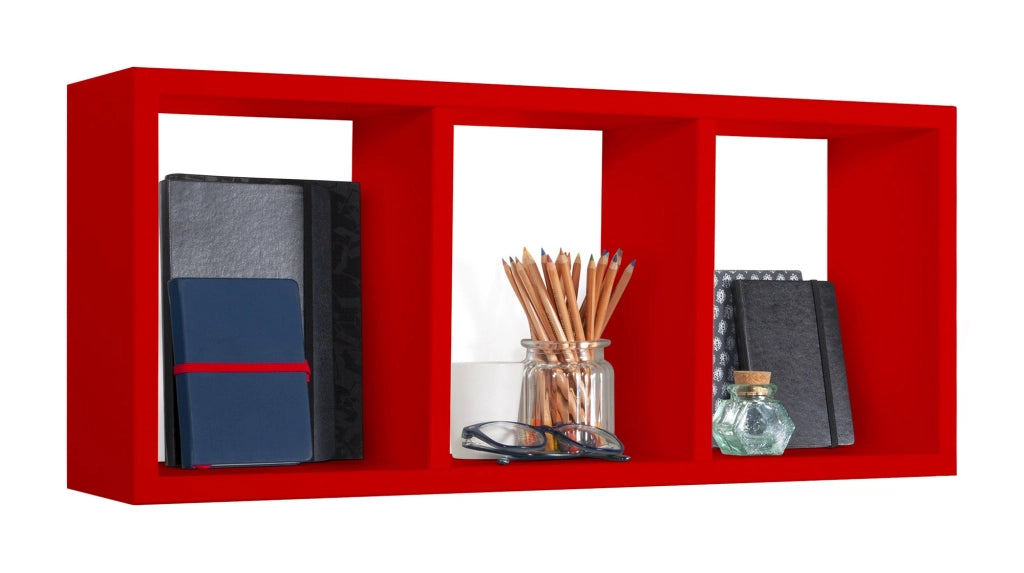 Mensola Rettangolare 3 Scomparti da Parete 70x30x15.5 cm in Fibra di Legno Tristano Rosso