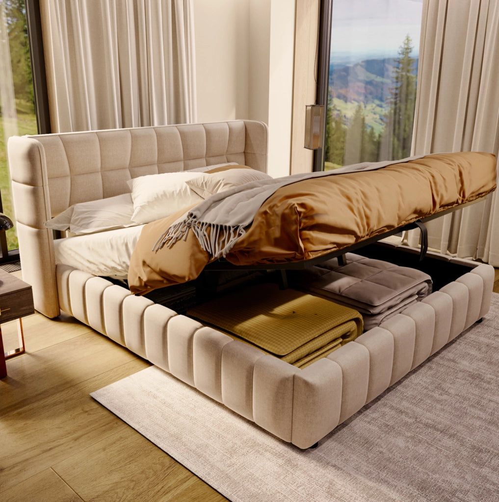 Letto imbottito 180x200 cm con contenitore in tessuto beige