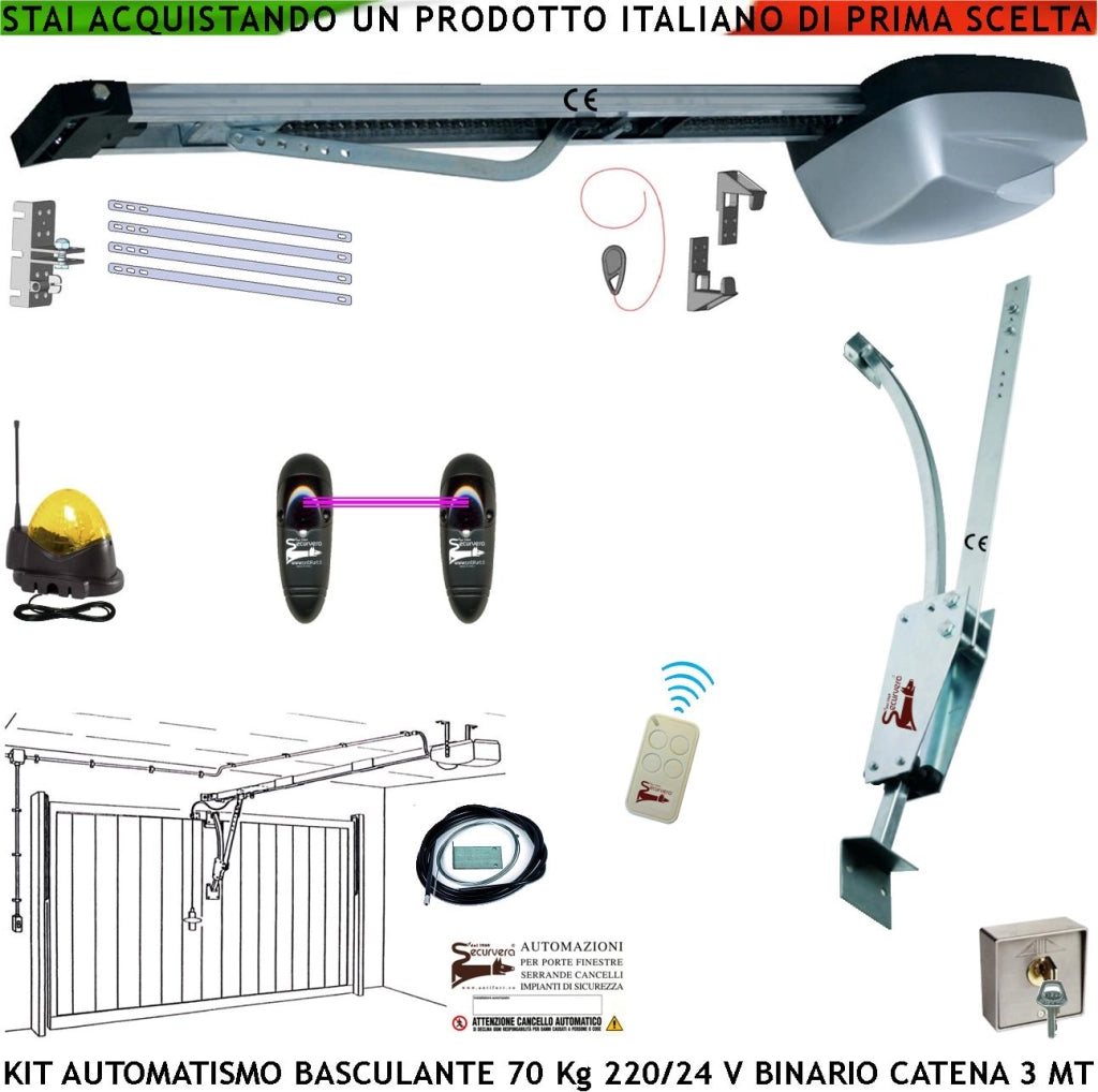 Kit Motore 220/24 V da Soffitto per Porta Basculante 70 Kg Automatica Selettore Binario Alluminio Catena Acciaio 3 Metri Cordino x Sblocco Pattino Archetto Radiocomando Faro Antenna Luce di Cortesia