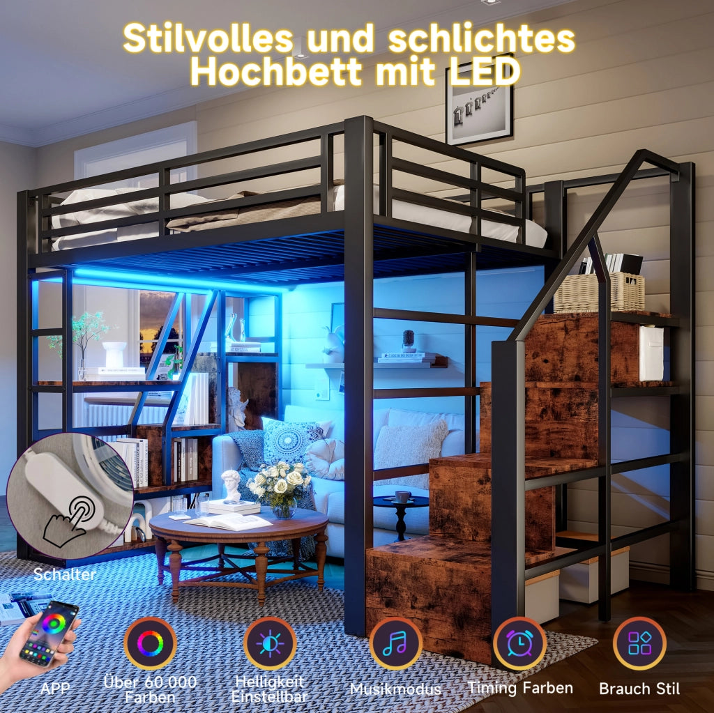 Letto a soppalco 140x200 cm con LED; scaffali e scala contenitore in metallo e MDF nero