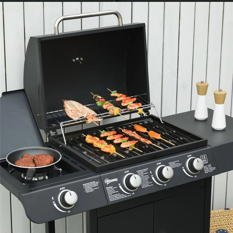 BARBECUE A GAS CON COPERCHIO, 4 BRUCIATORI DA 11.6KW, FORNELLO, MENSOLA E 2 RUOTE, 110X50X100 CM NERO