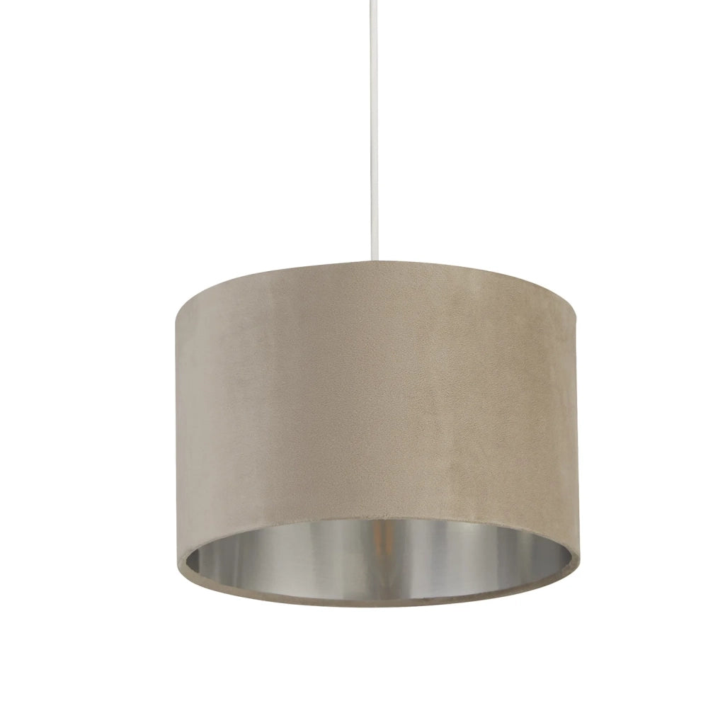 Paralume Contemporaneo Tamburo Acciaio Argento Tessuto Tortora 1 Luce D28Cm