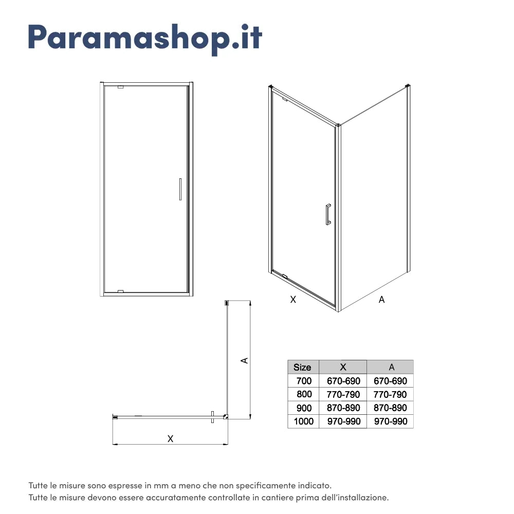 Box doccia 70x70 cm con apertura a battente vetro 6mm trasparente h195 cm | Aruba