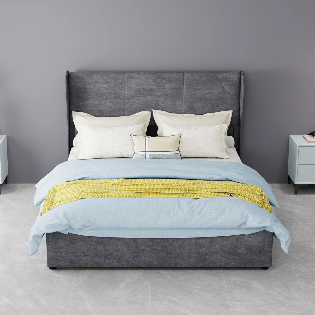 Letto matrimoniale 140x200 cm con testiera imbottita in tessuto grigio