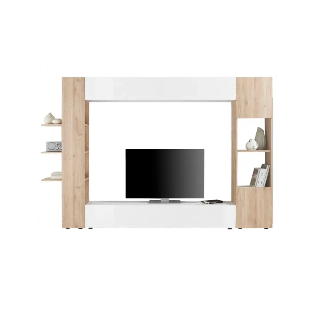 Composizione mobili soggiorno con contenitori, collezione VASCO, bianco laccato/quercia chiara