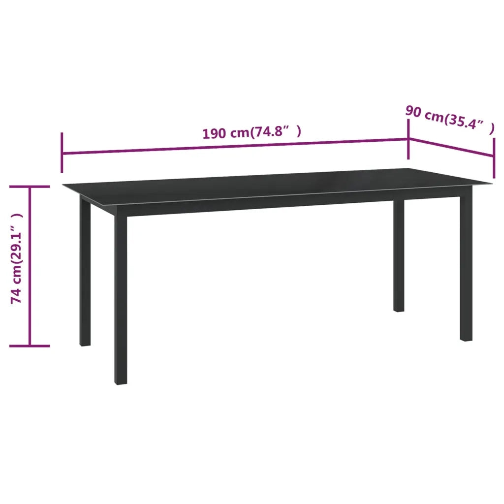 Tavolo da Giardino Nero 190x90x74 cm in Alluminio e Vetro 312202