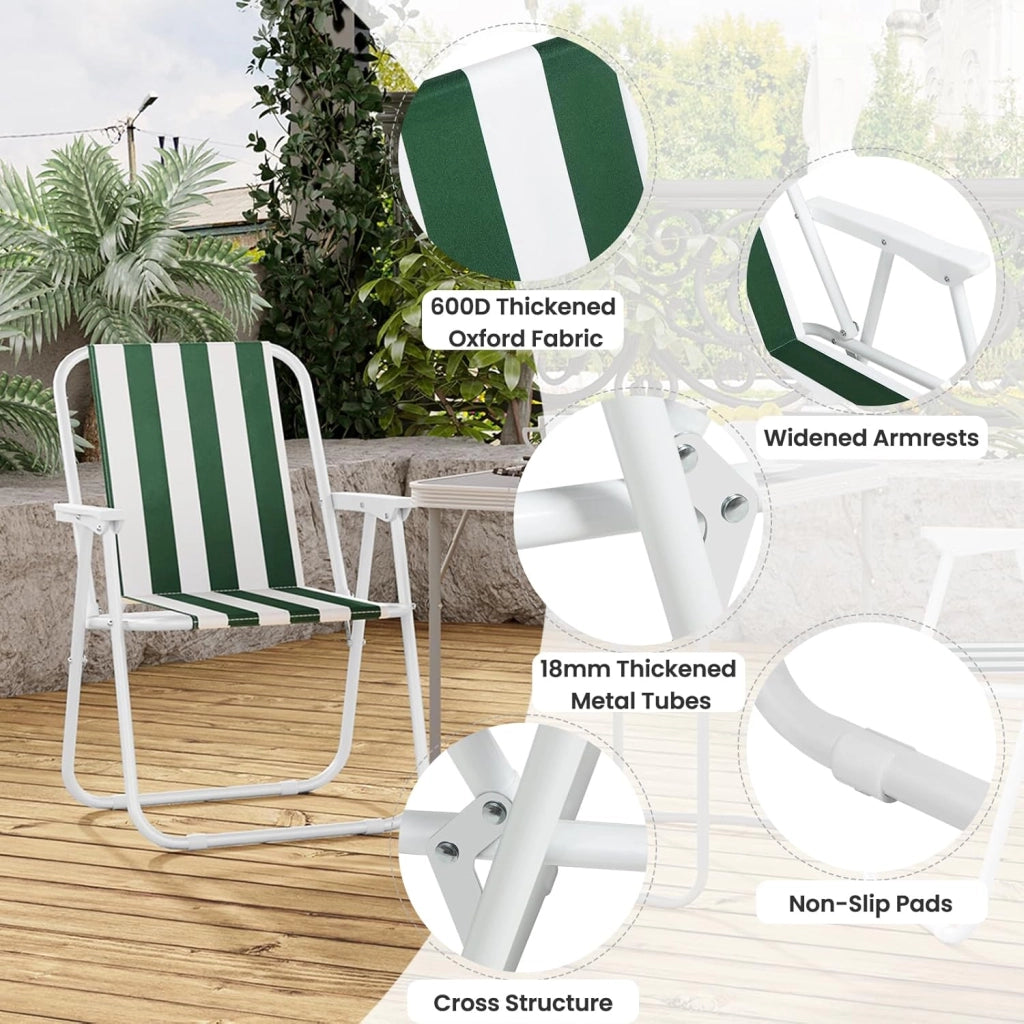 Set di 4 Sedia Pieghevole Portibile, Sedia da Campeggio/Pesca in Oxford, con Braccioli, per Spiaggia, Picnic, Terrazza, Giardino, Bianco+Verde