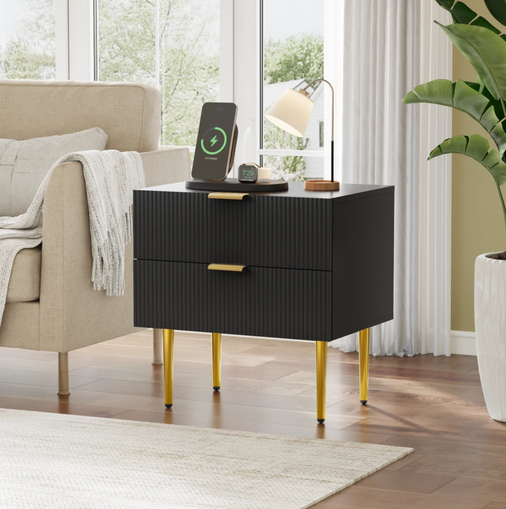 Comodino 64.5x48.0x15.0 cm con 2 cassetti; design a scanalature verticali; MDF e metallo; nero