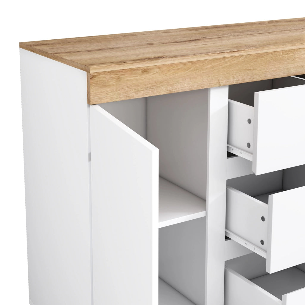 Cassettiera con 3 cassetti e 2 ante; bianco e rovere
