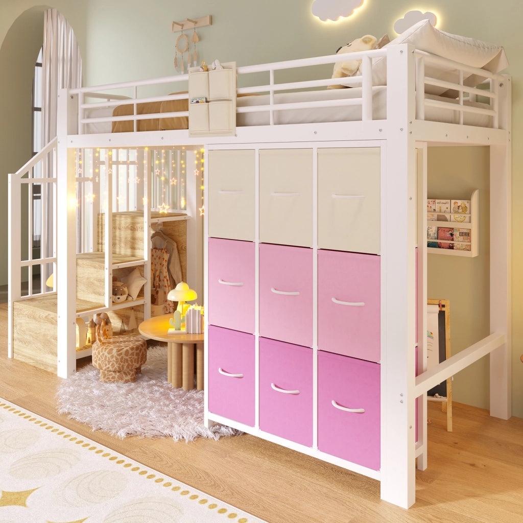 Letto a soppalco in metallo con cassetti e scala contenitore, 90x200 cm, bianco