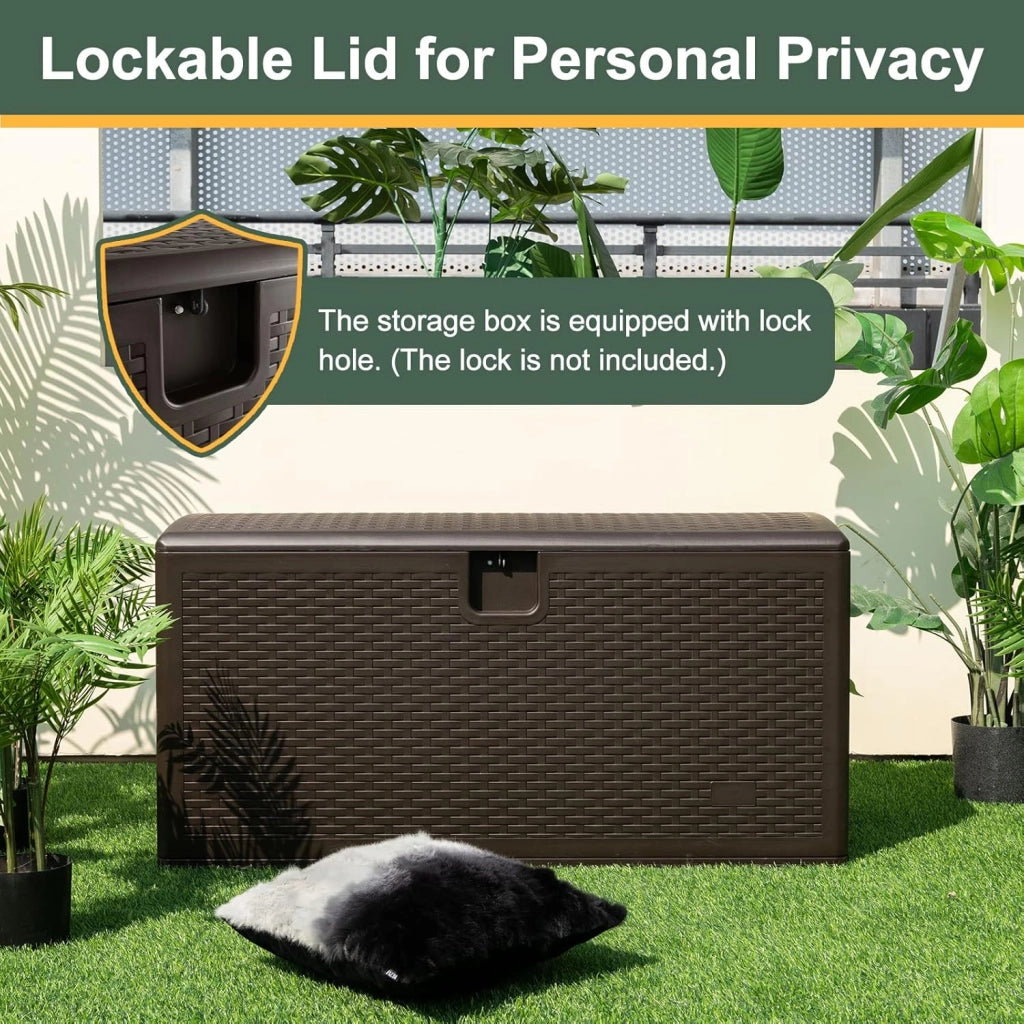 Cassapanca Per Esterni in Metallo e PE Rattan, Contenitore Impermeabile da 378 litri, con chiusura a chiave, 127 x 56 x 64 cm, Marrone