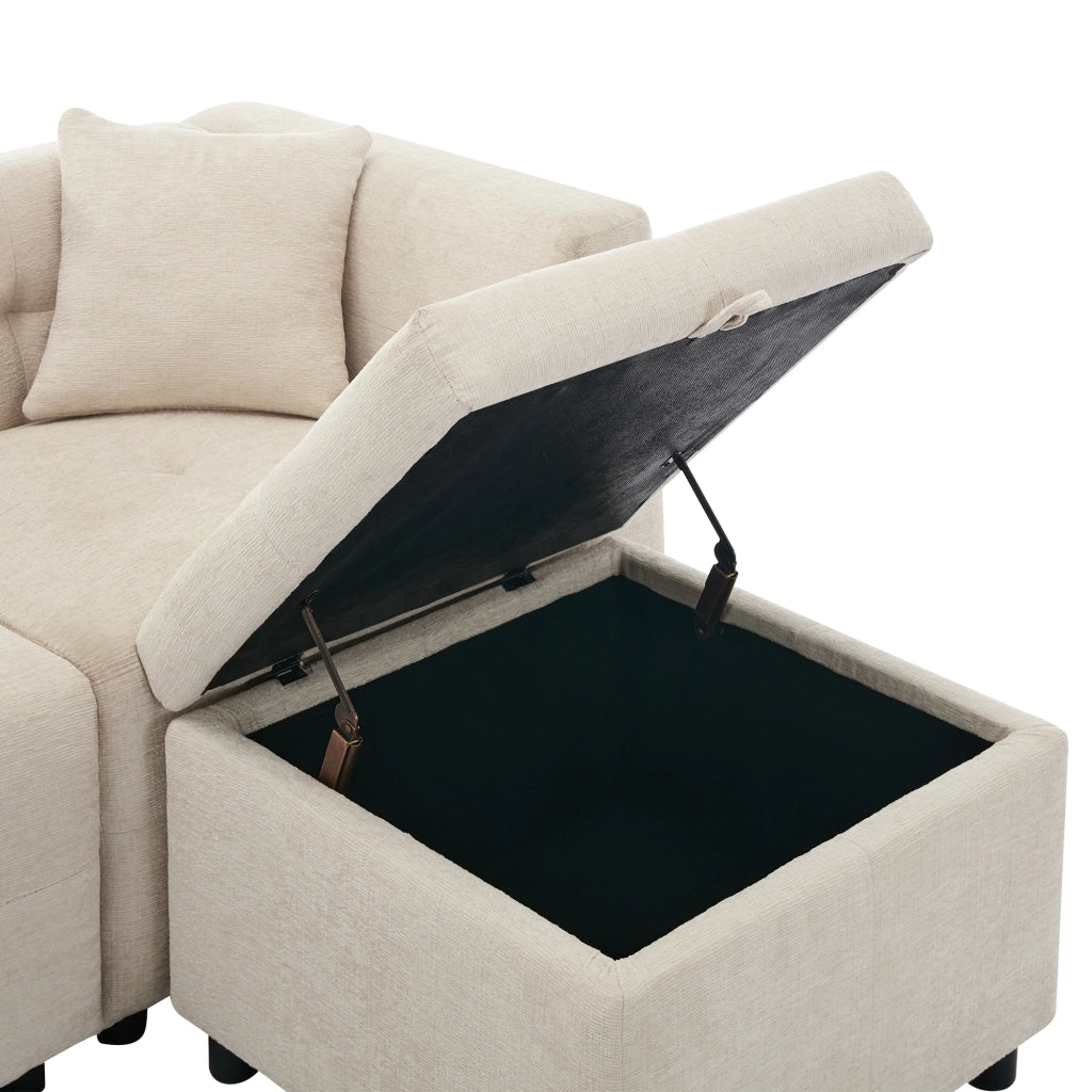 OKWISH Divano Angolare Reversibile 3 Posti, con Contenitore, Pouf Rimovibile e 2 Cuscini, Ciniglia Beige 204 × 126 × 69 cm