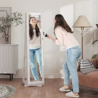 Specchio Portagioie Girevole per Camera da Letto con 2 Chiavi, in Legno Bianco e Vetro, 38x38x160 cm