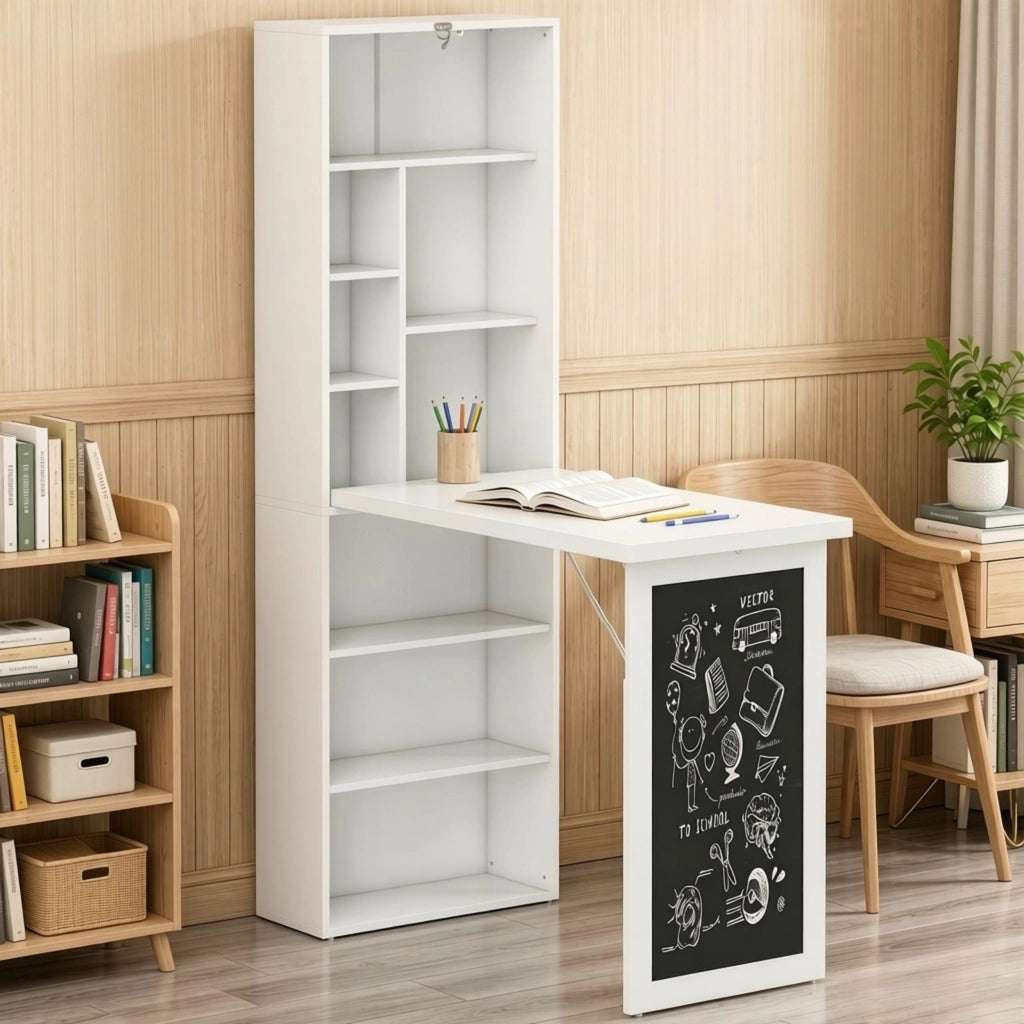 Scrivania pieghevole a parete con libreria e lavagna, 98x51x153 cm, bianco o nero