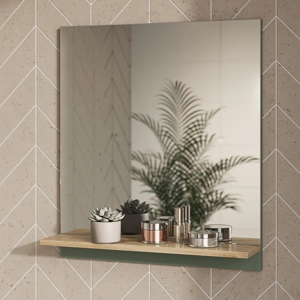 Specchio da bagno Marelle, Verde/Artigianale, 60 x 67 cm con ripiano, adatto per il montaggio a parete in ambienti umidi