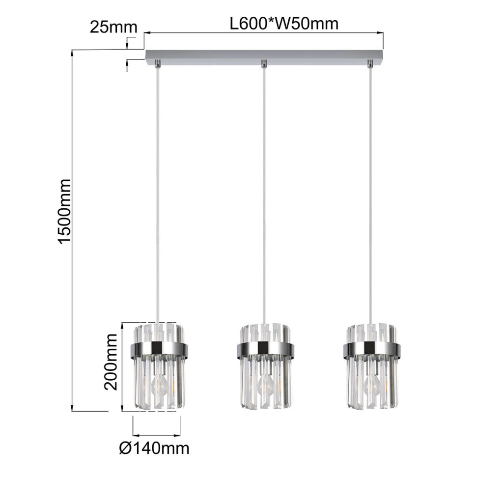 Lampada a sospensione Vetro cromata 3xE14 60 cm trasparente
