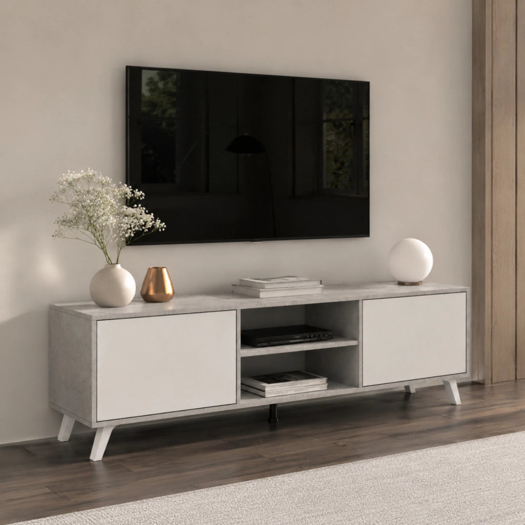 Mobile TV Per Soggiorno Con 2 Ante Battenti Ripiani Centrali Aperti Gambe Stile Scandinavo Per Televisori Fino A 75 Pollici 180 X 39,6 X 49 Cm Grigio Cemento E Bianco