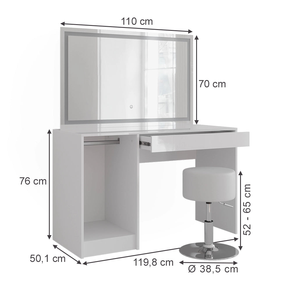 Vicco Tavolo da toeletta Bianco/bianco lucido 119.8 cm con illuminazione a LED e sgabello