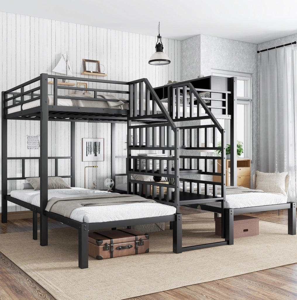 Letto a castello in ferro 3 posti con scala e contenitore; nero; 90x200 e 140x200 cm