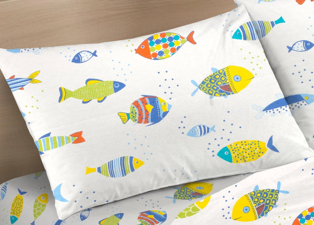 Completo Lenzuola Letto 100% Cotone Disegno Pesciolini Colorati RP Made In Italy Fantasia Marina Estiva - Piazza E Mezza - Pesciolini