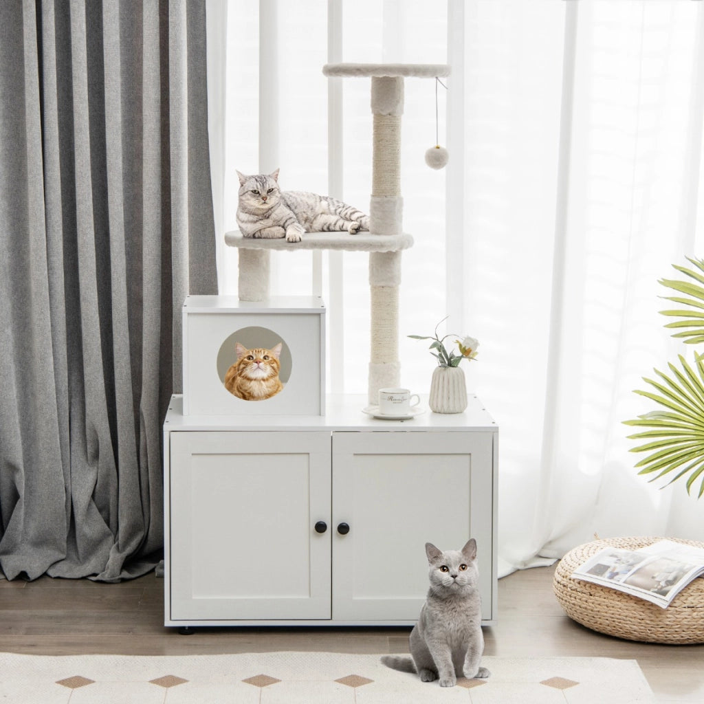 Casa per lettiera per gatti in legno con torre pallina tintinnante divisorio, Mobile per gatti da interno Bianco-Lettini e divanetti