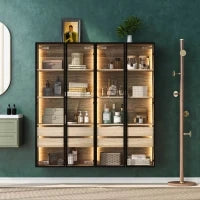 Set di 2 Armadietti Multiusi da Bagno con Illuminazione LED, 2 Cassetti e Ante, Vetro Satinato, 74×36×155 cm, Naturale