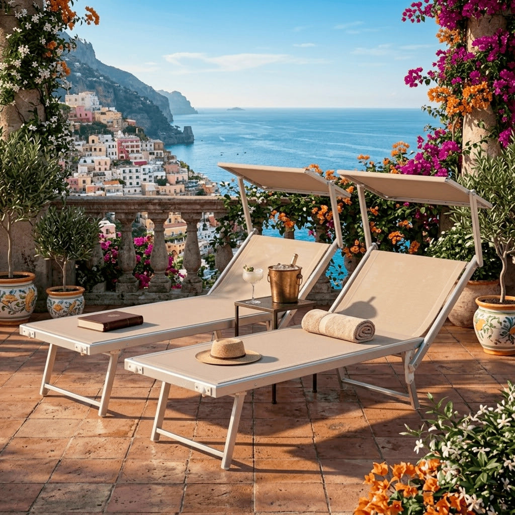 Set 2 Lettini Prendisole Pieghevoli Professionali In Alluminio Leggero Con Tettuccio Parasole Regolabile Sdraio Relax Mare Spiaggia Piscina Giardino Terrazza 182 x 60 x 38 Cm Beige