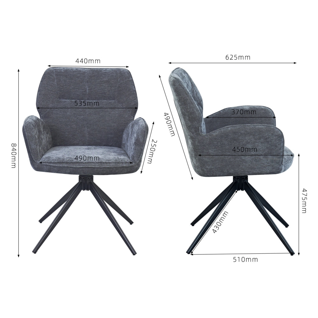 Set di 2 sedie girevoli in ciniglia grigio scuro