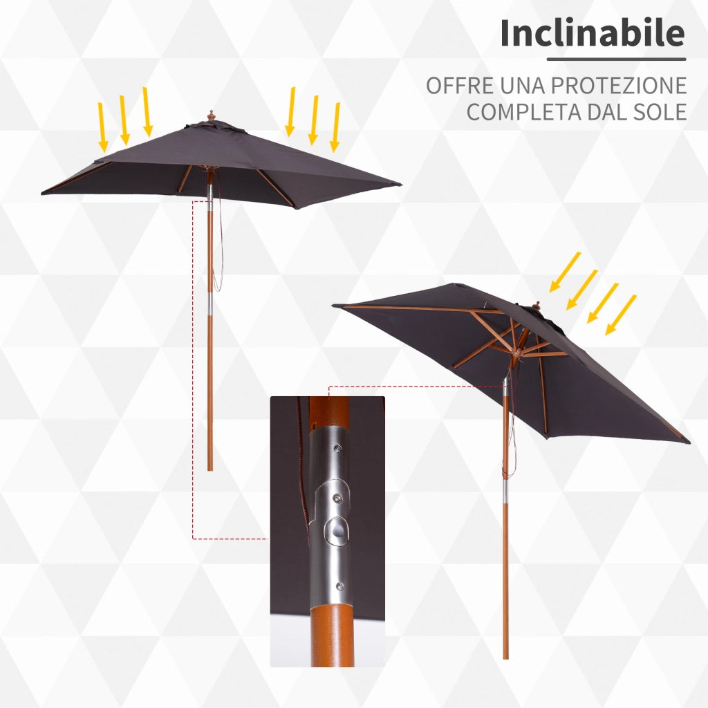 EasyComfort Ombrellone da Giardino Inclinabile 2x1.5 m con 6 Stecche e Palo in Legno di Abete, Grigio Scuro