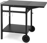 Tavolo da Barbecue con Piano di Lavoro Pieghevole, Tavolo da Campeggio con Ruote e 2 Ripiani e 4 Ganci, Carrello da Cucina in Metallo, Nero