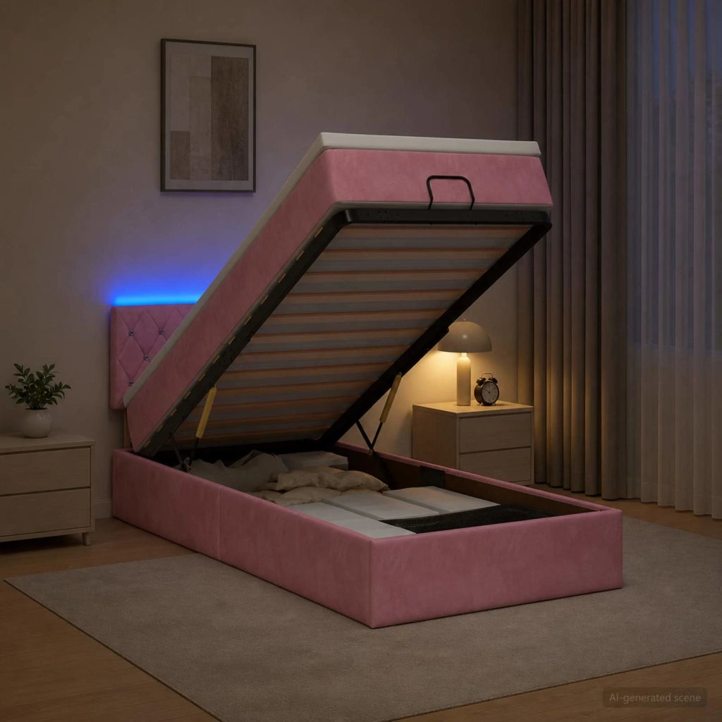 Letto Ottomano con Materasso e LED Rosa 100 x 200 cm Velluto 3457052