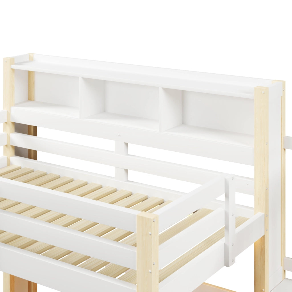 LETTO a soppalco 90x200 cm Bianco/Naturale con scala contenitore e LED