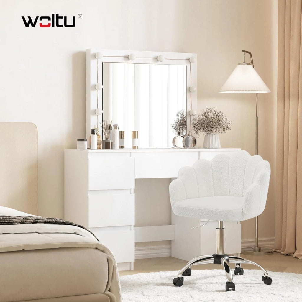 Sedia da Trucco con Schienale a Petalo, Sedia Ufficio con Braccioli e Rotelle, Poltroncina Girevole, Altura Regolabile, Cashmere, Crema
