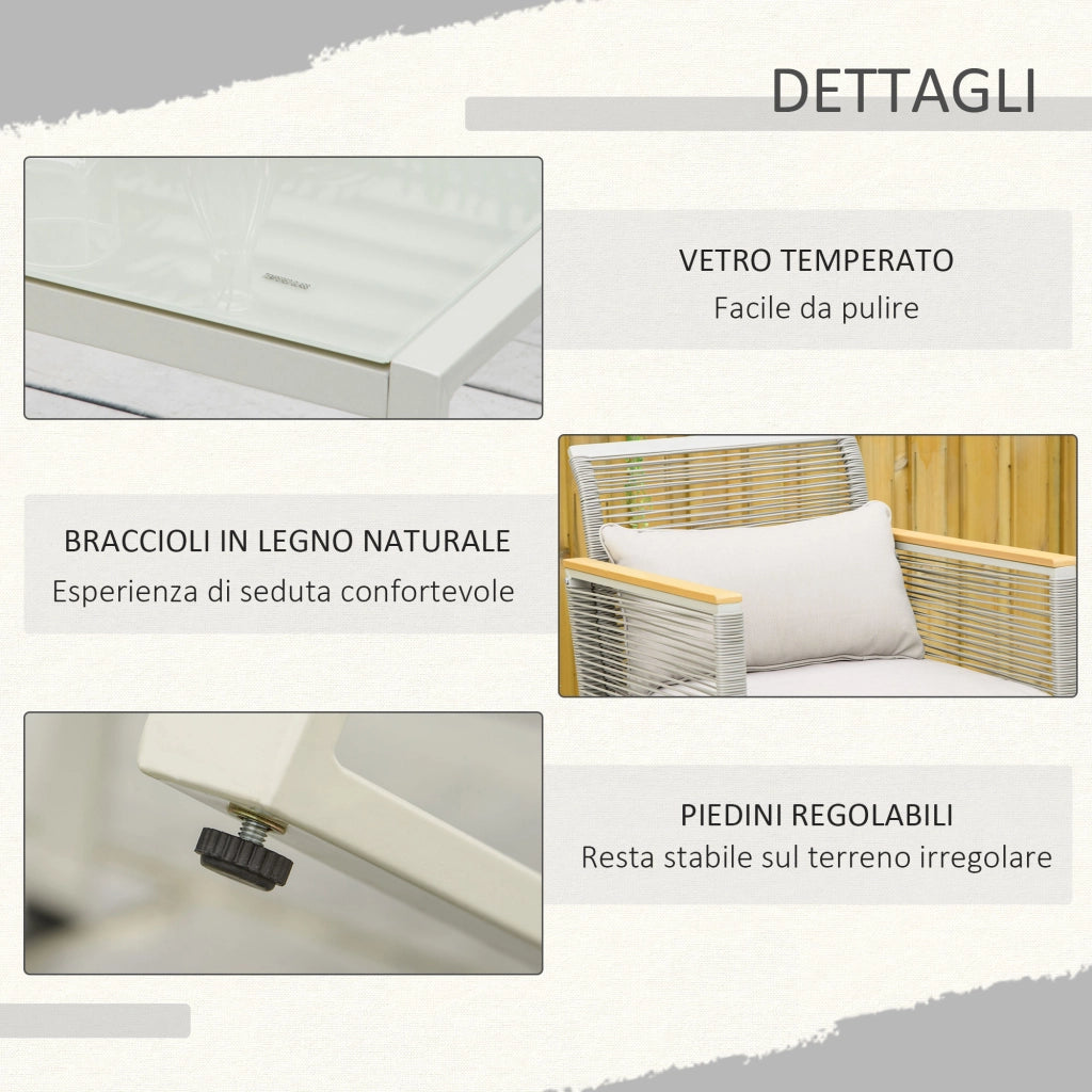 EasyComfort Set da Giardino 4 Pezzi in Rattan PE con 2 Poltrone, Divanetto e Tavolino da Caffè in Vetro Temperato Grigio