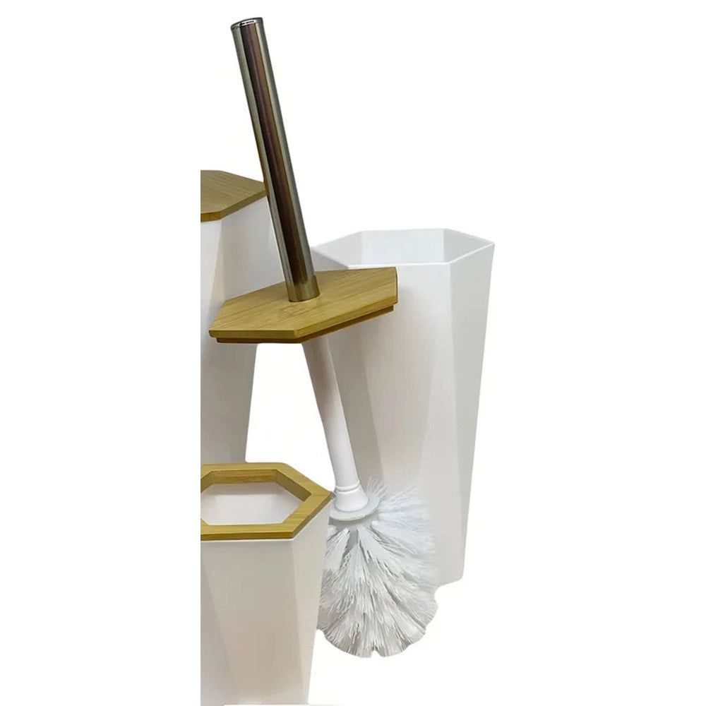 Trade Shop - Porta Scopino Esagonale Geometrico Bianco Legno Con Scopettino Spazzolone Wc Bagno 10839 -