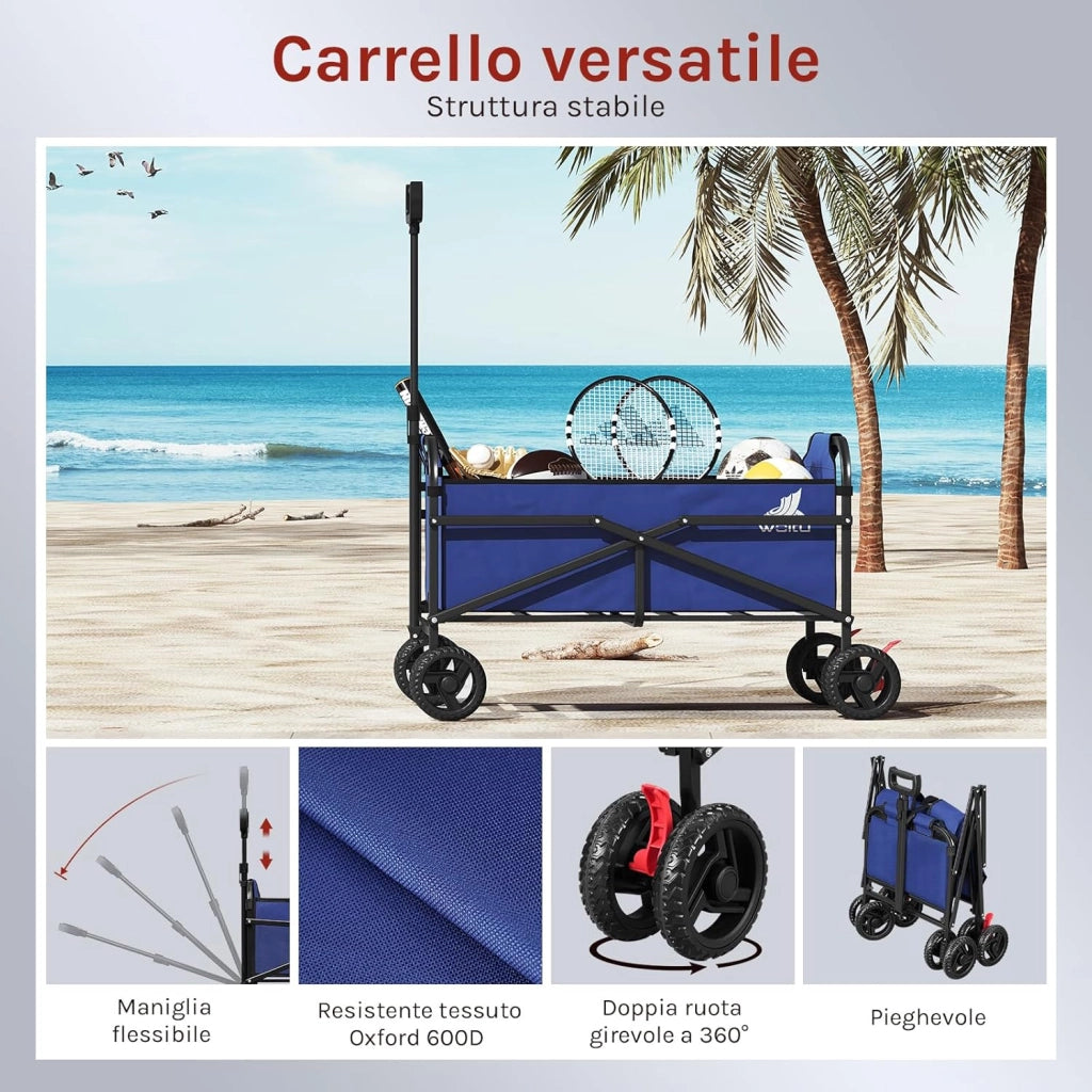 Carrello Pieghevole con 4 Ruote Doppie, Campeggio, Viaggio, Giardino, Spiaggia, Oxford+Metallo, Blu