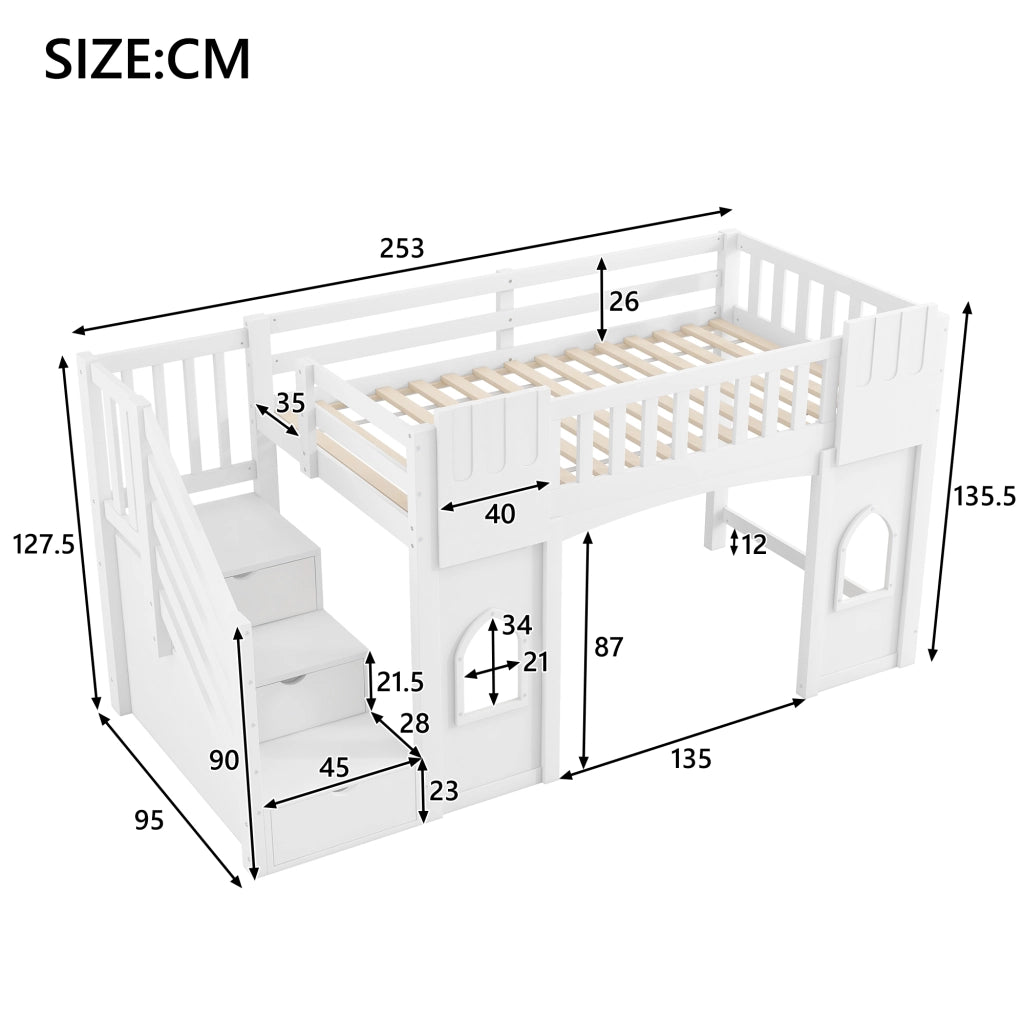 LETTO A CASTELLO con scala contenitore e finestre 90 x 200 cm bianco
