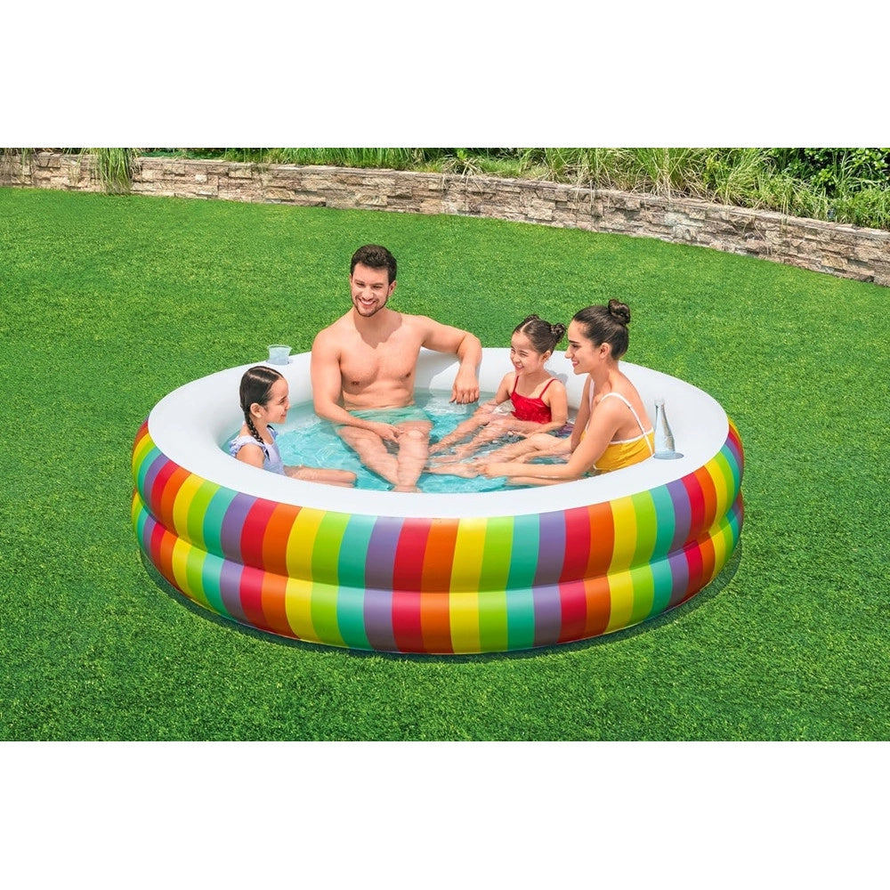 Trade Shop - Piscina Tonda Gonfiabile Family Stampa Arcobaleno 206x206x51cm Con 2 Portabicchieri 54443 -