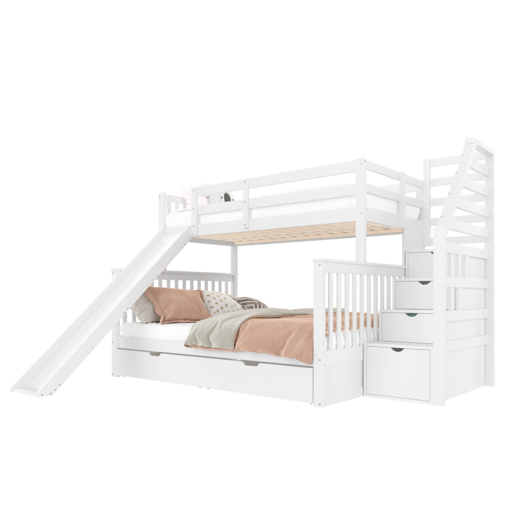 Letto a castello 90x200/140x200 con scivolo, bianco antico